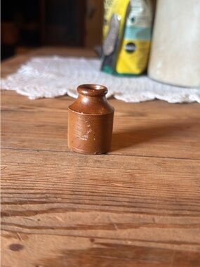 Antique Glazed Small Brown Stoneware Pot/Inkwell RARE